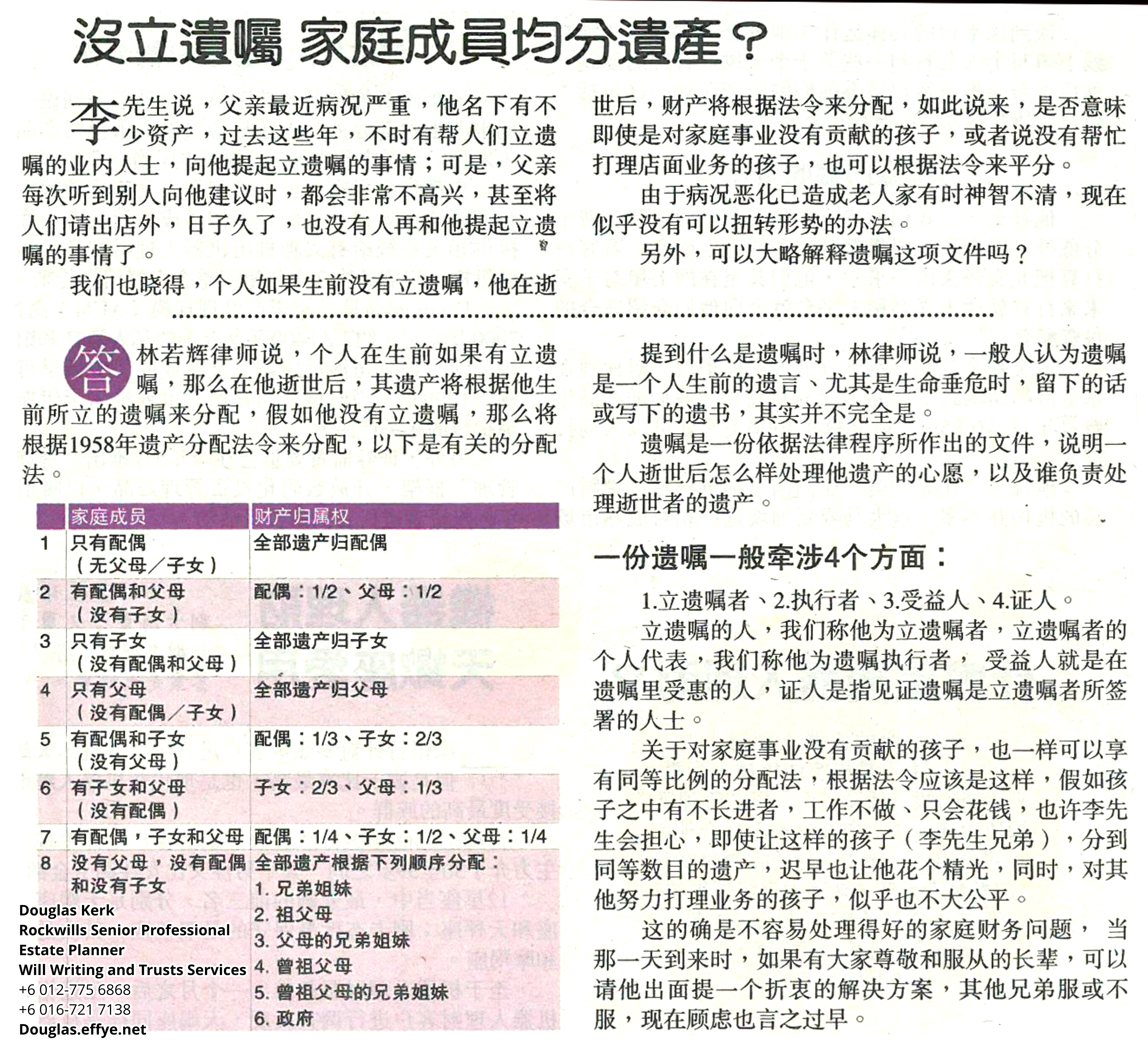 Douglas Kerk Rockwills Senior Professional Estate Planner - Will Writing and Trusts Services Batu Pahat and Kluang Johor Malaysia Property Management PA05