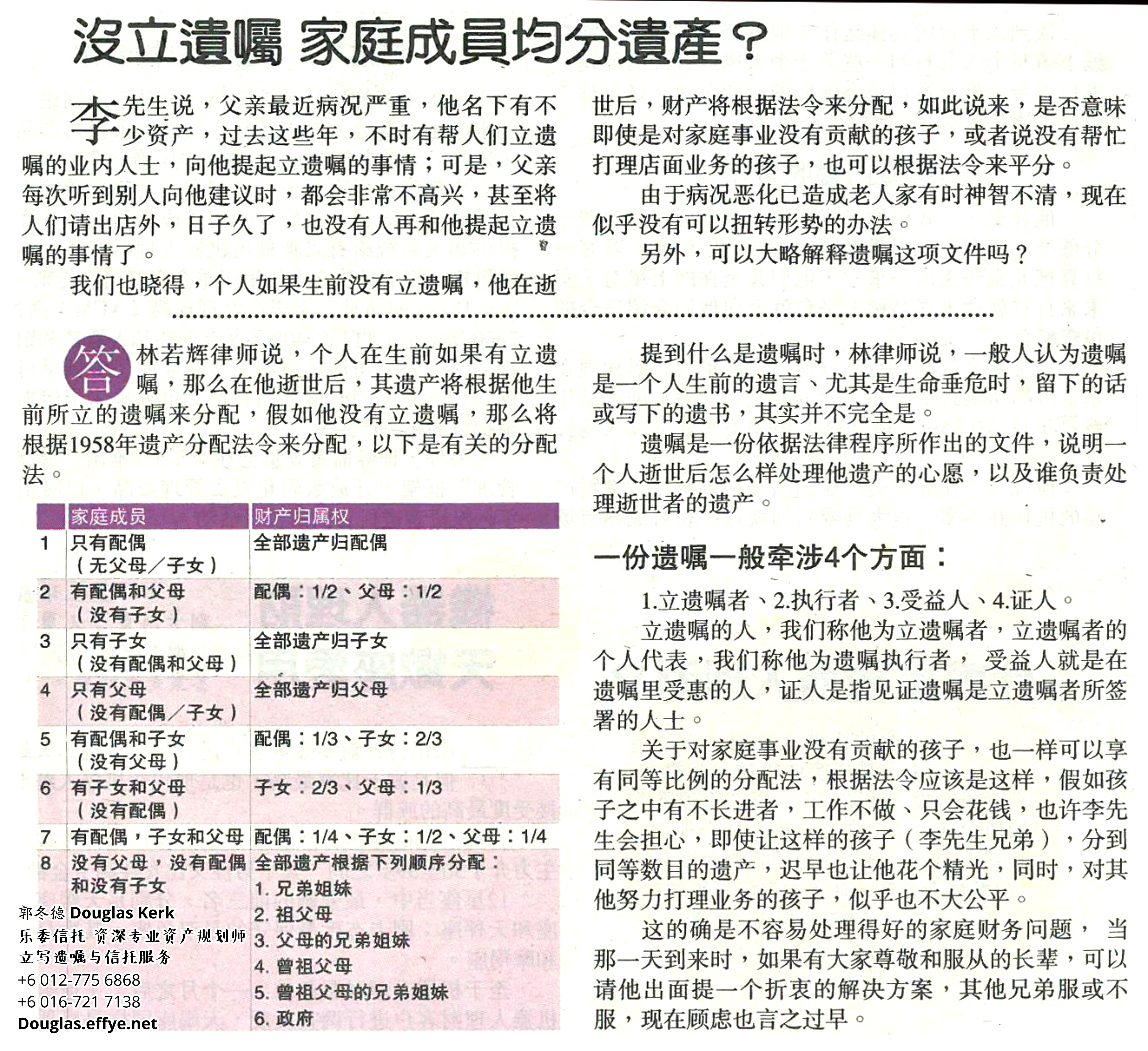 Douglas Kerk 郭冬德 乐委信托 资深专业资产规划师 - 立写遗嘱与信托服务 峇株巴辖 及居銮 柔佛 马来西亚 资产管理 PA05