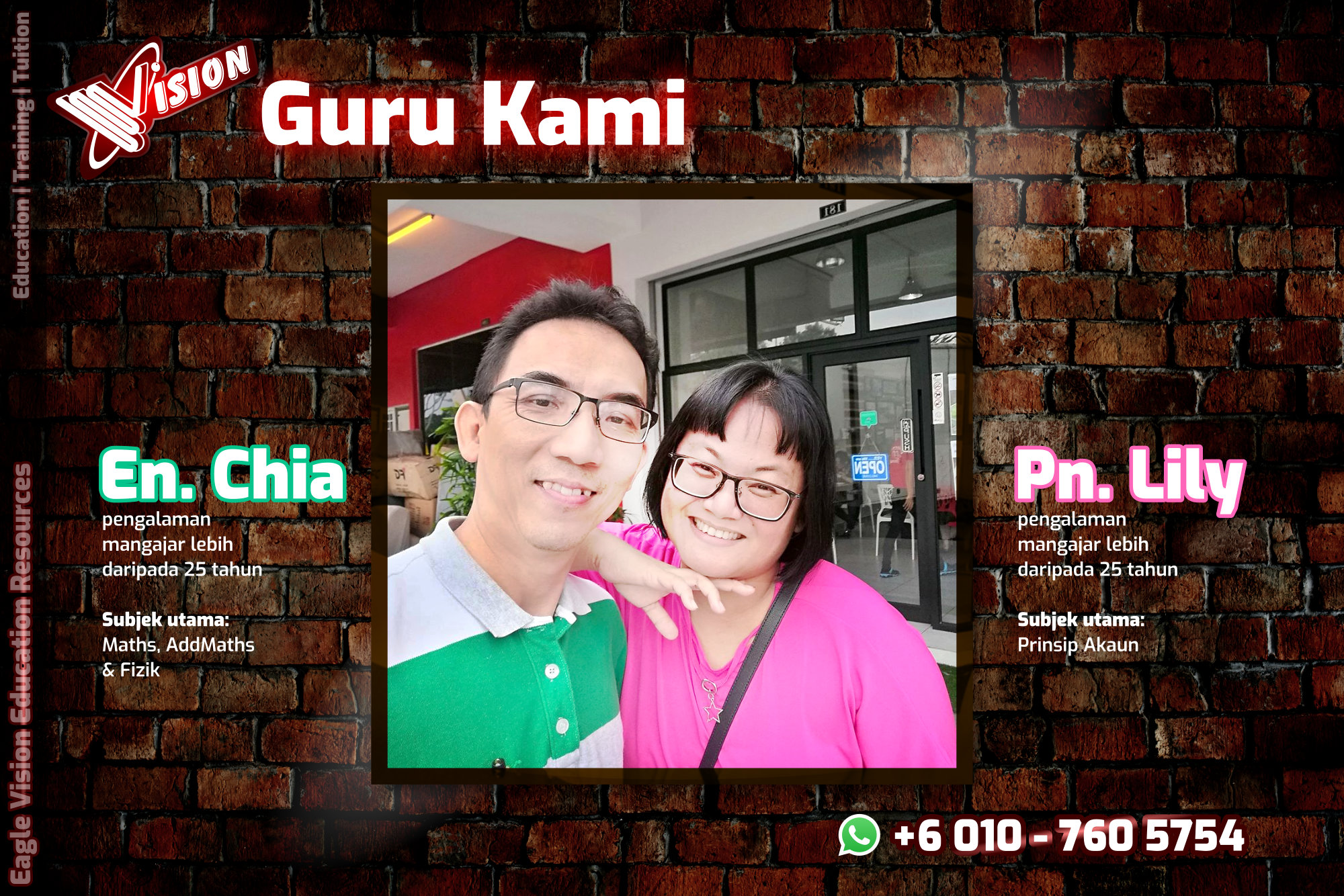 Guru-guru Tuition Kota Tinggi 2020 Eagle Vision Education Resources Encik Chia dan Puan Lily Subject Yang Diajar Sejarah Sains Maths AddMaths Fizik Kimia IGCSE Education Kota Tinggi Training B01