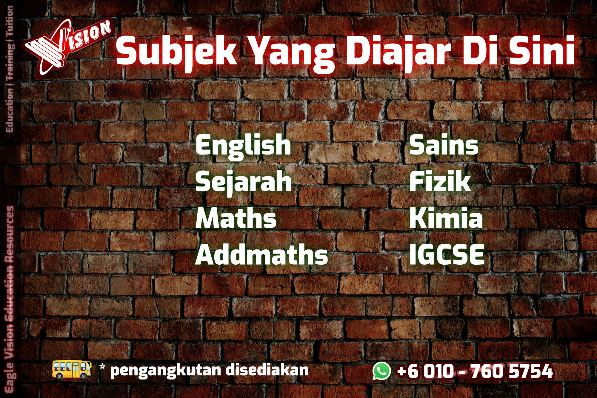Jadual Waktu Tuition Kota Tinggi 2020 Eagle Vision Education Resources Subject Yang Diajar Sejarah Sains Maths AddMaths Fizik Kimia IGCSE Education Kota Tinggi Training A01