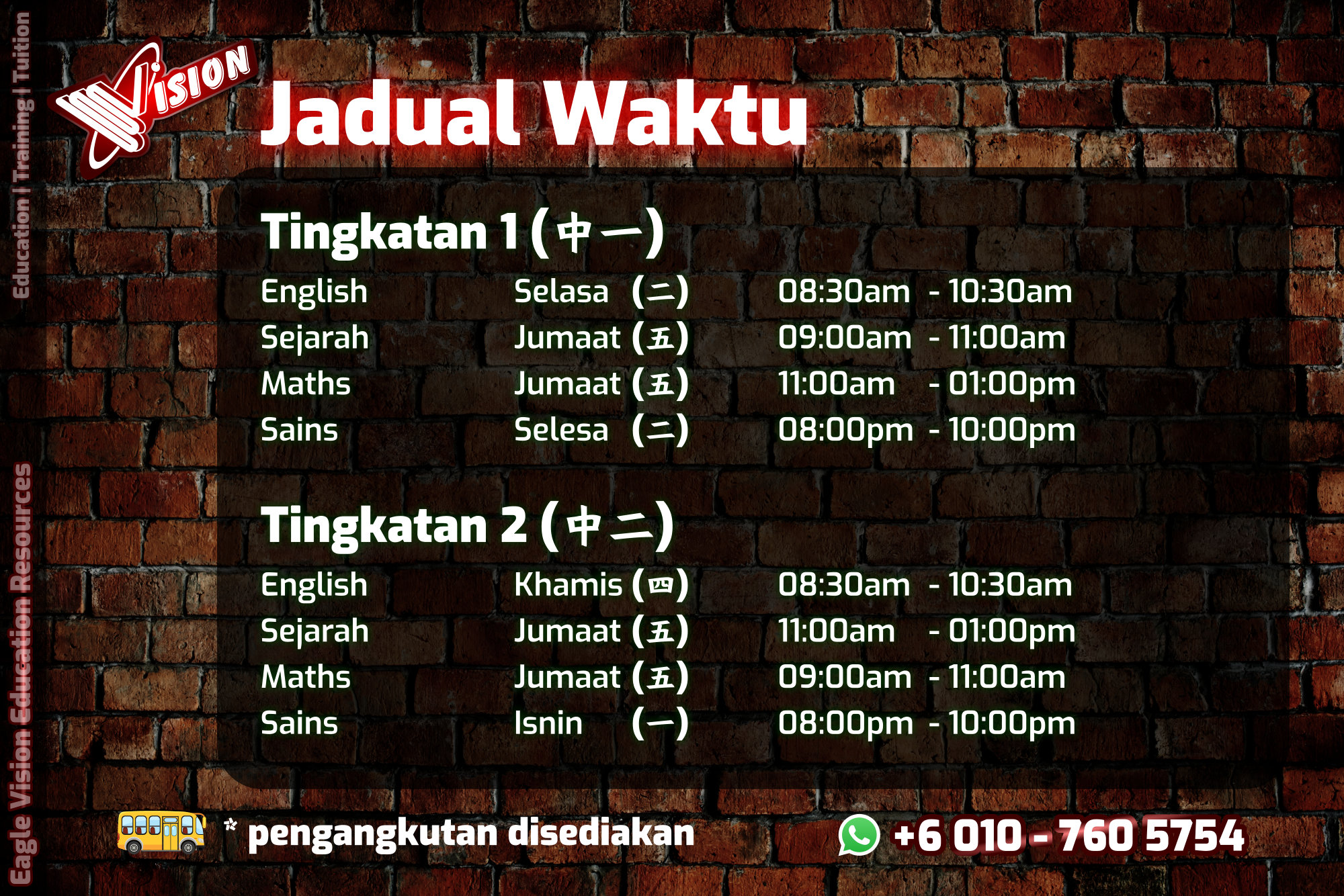 Jadual Waktu Tuition Kota Tinggi 2020 Eagle Vision Education Resources Subject Yang Diajar Sejarah Sains Maths AddMaths Fizik Kimia IGCSE Education Kota Tinggi Training A02