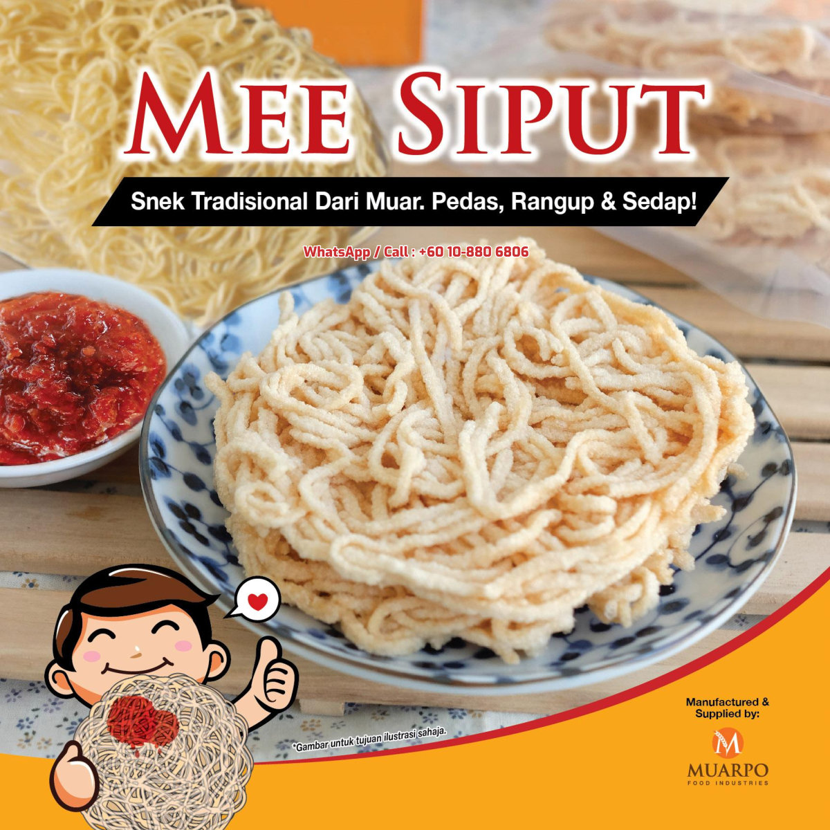 MuarPo Food Industries MuarPo MEE SIPUT dan Mee Siput Mentah Mee Siput Snek Yang Paling Digemari satu jenis makanan ringan A01-03