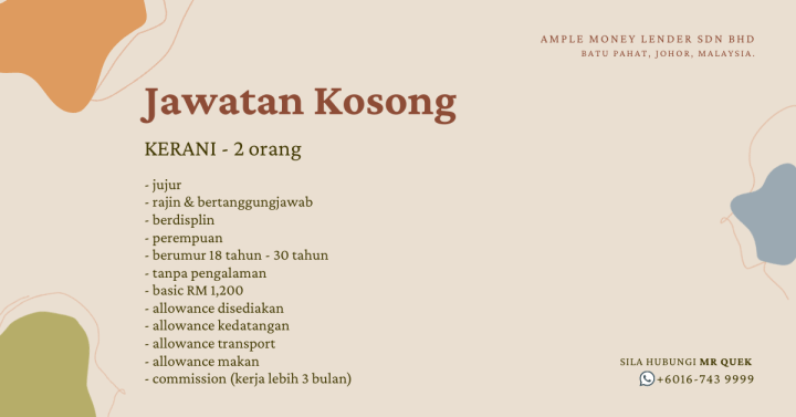 Jawatan Kosong Kerani Batu Pahat Job Vacancy